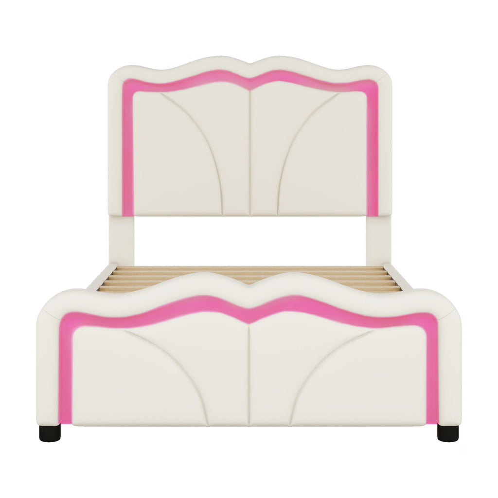 Upholstered Platform Bed & Curve Shaped And Height Adjustable Headboard, LED Light Strips