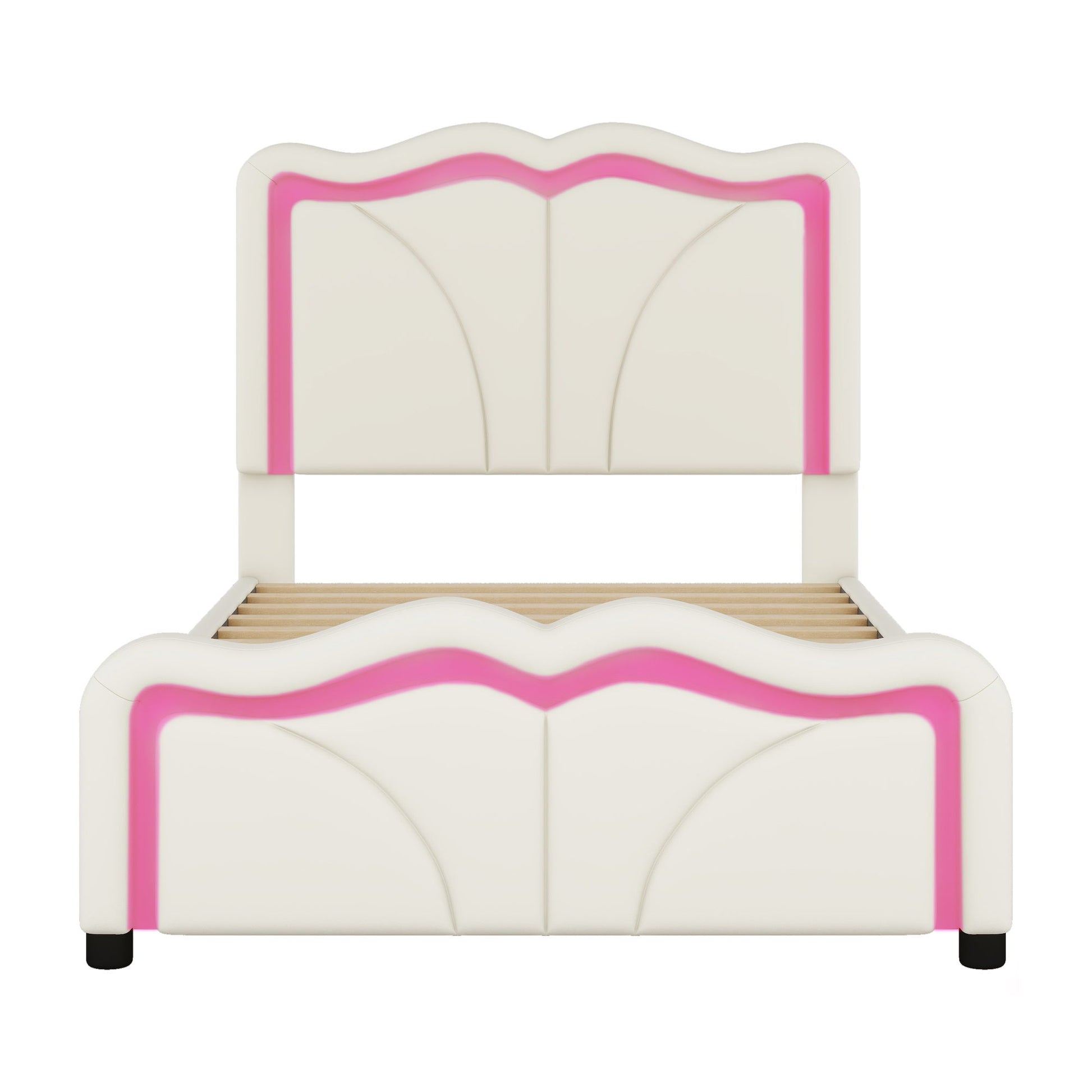 Upholstered Platform Bed & Curve Shaped And Height Adjustable Headboard, LED Light Strips