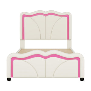 Upholstered Platform Bed & Curve Shaped And Height Adjustable Headboard, LED Light Strips