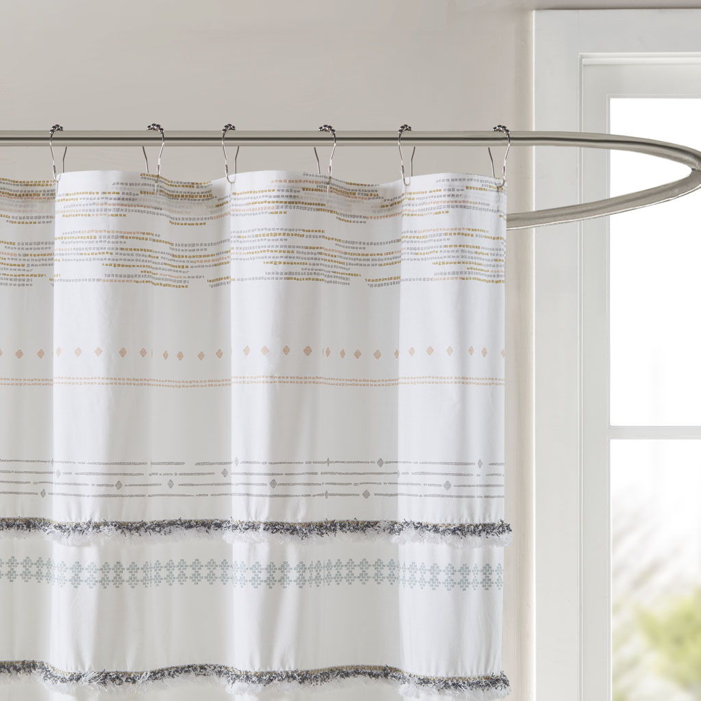 Nea - Printed Shower Curtain With Trims - Off White / Gray