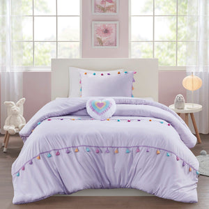 Tessa - 4 Piece Full/Queen Tassel Comforter Set With Heart Shaped Throw Pillow - Lavender