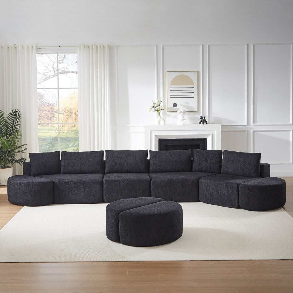 Modular Sectional Sofa With 6 Pillows And 4 Curved Footstools For Living Rooms - Black