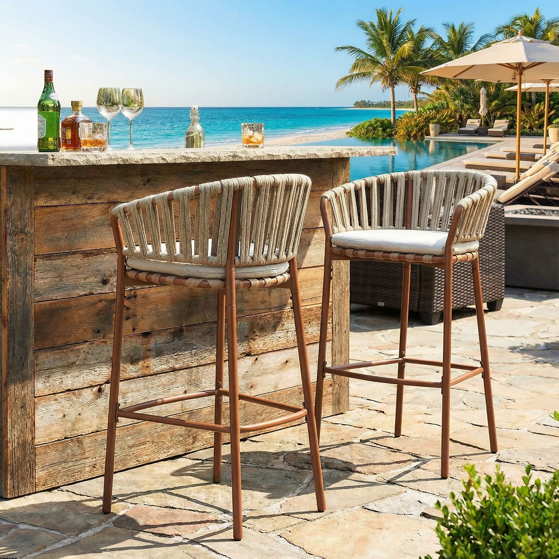 Lodi - Outdoor Matal Rope Barstool, Teak / Beige (Set of 2) - Teak / Beige