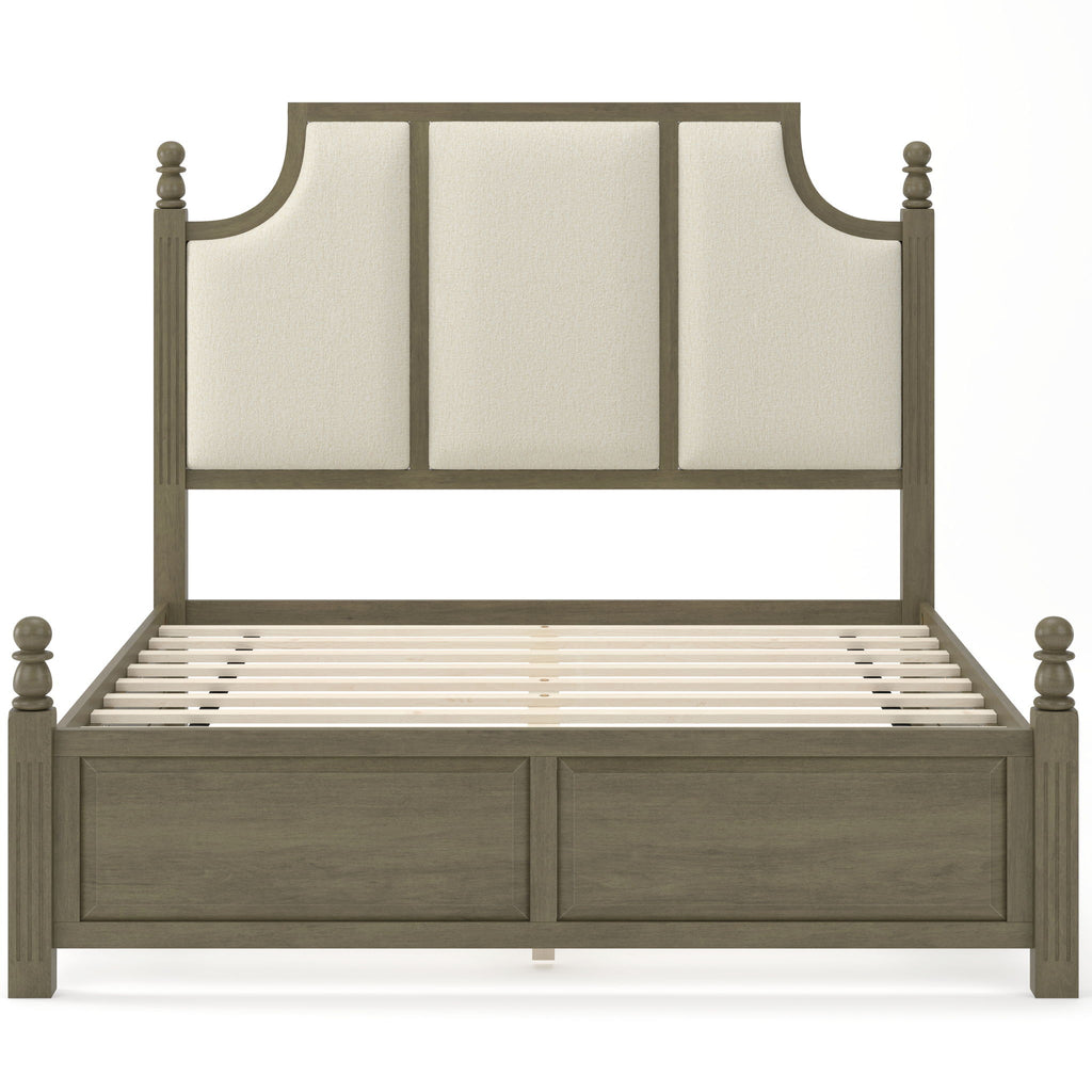 Farmhouse Platform Bed Frame With Tall Linen Upholstered Headboard