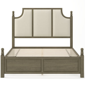 Farmhouse Platform Bed Frame With Tall Linen Upholstered Headboard