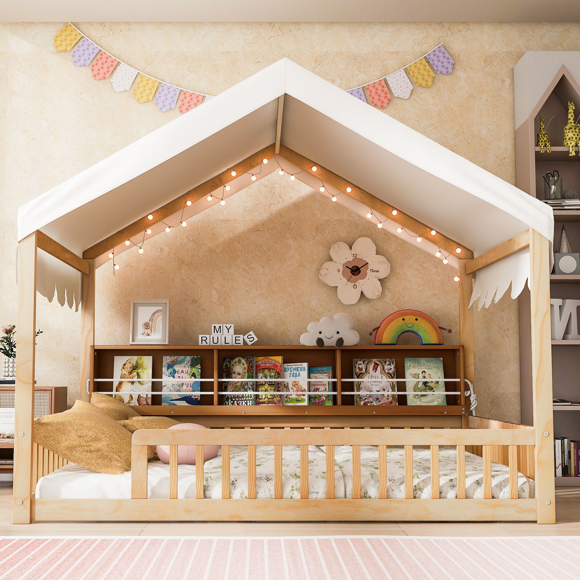 House Shaped Floor Bed With Fense, 3 Storage Bookshelves, Curtain And LED Light