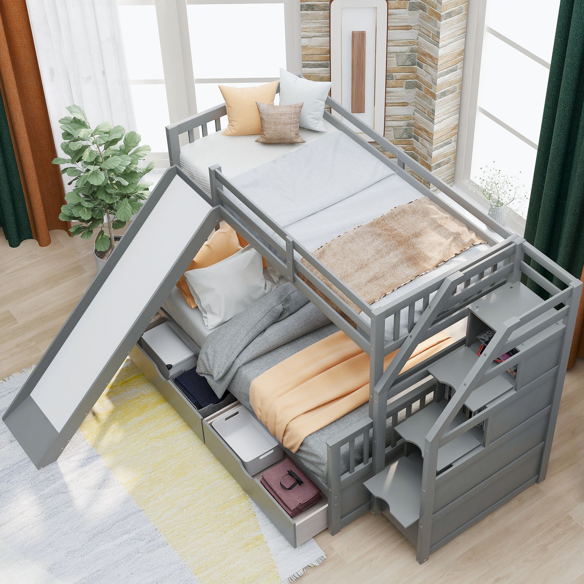 Bunk Bed With Storage Staircase, Slide, Desk, Drawers, And Shelves