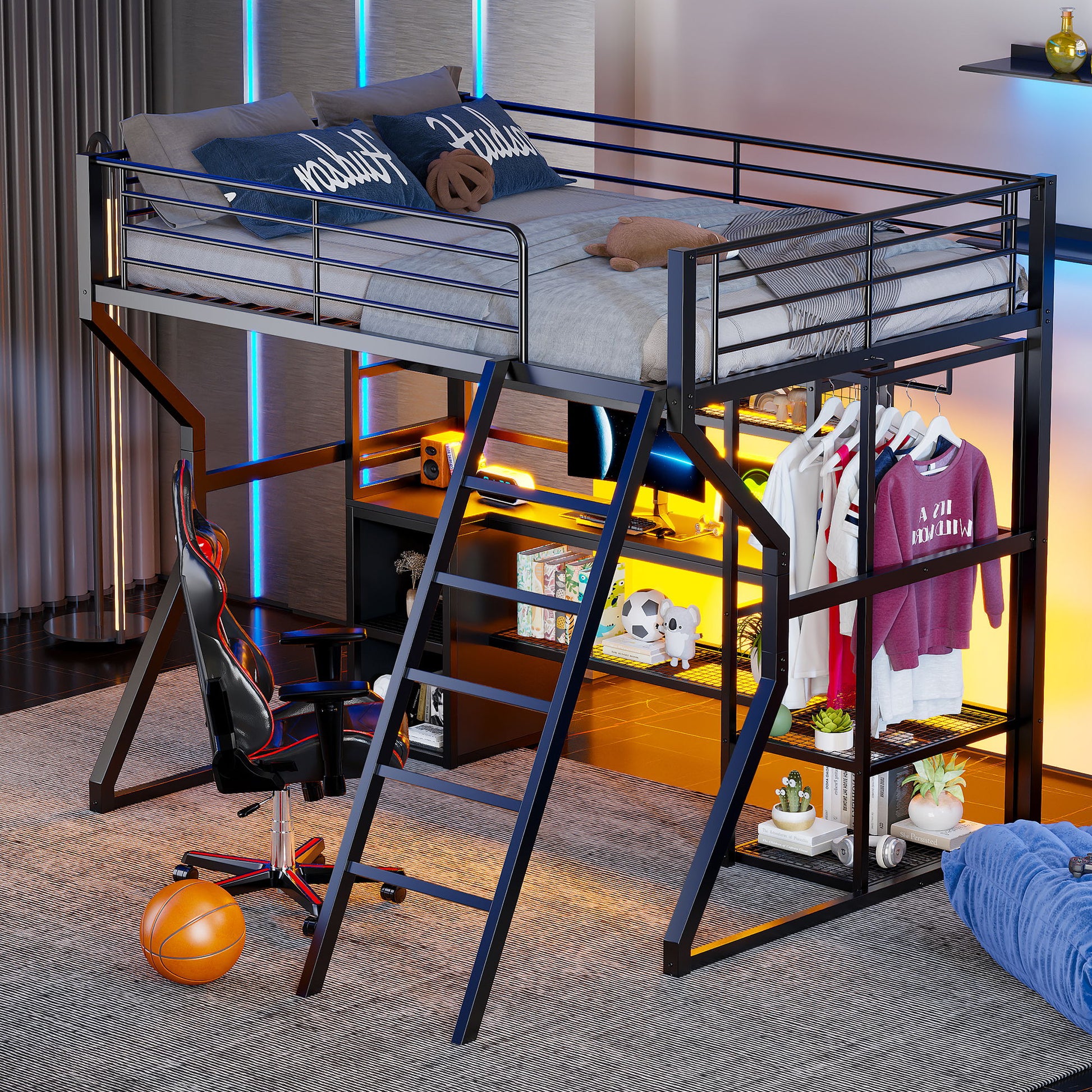 Full Size Gaming Loft Bed With Built In Work Station, Open Wardrobe, LED And Multiple Storage - Black