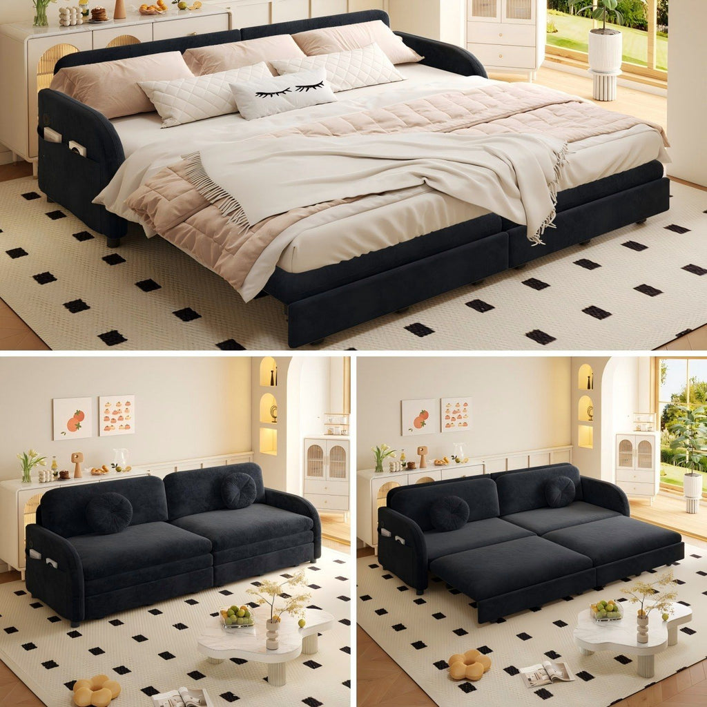 Upholstered Pull Out Couch With Side Pocket & USB Port