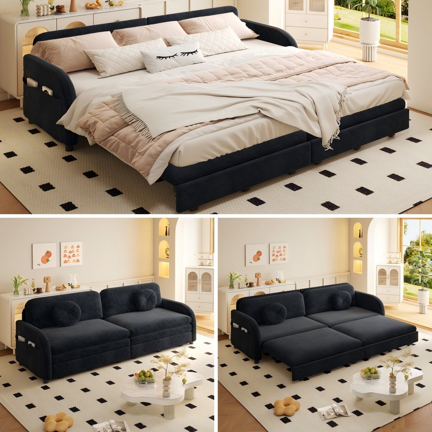 Upholstered Pull Out Couch With Side Pocket & USB Port