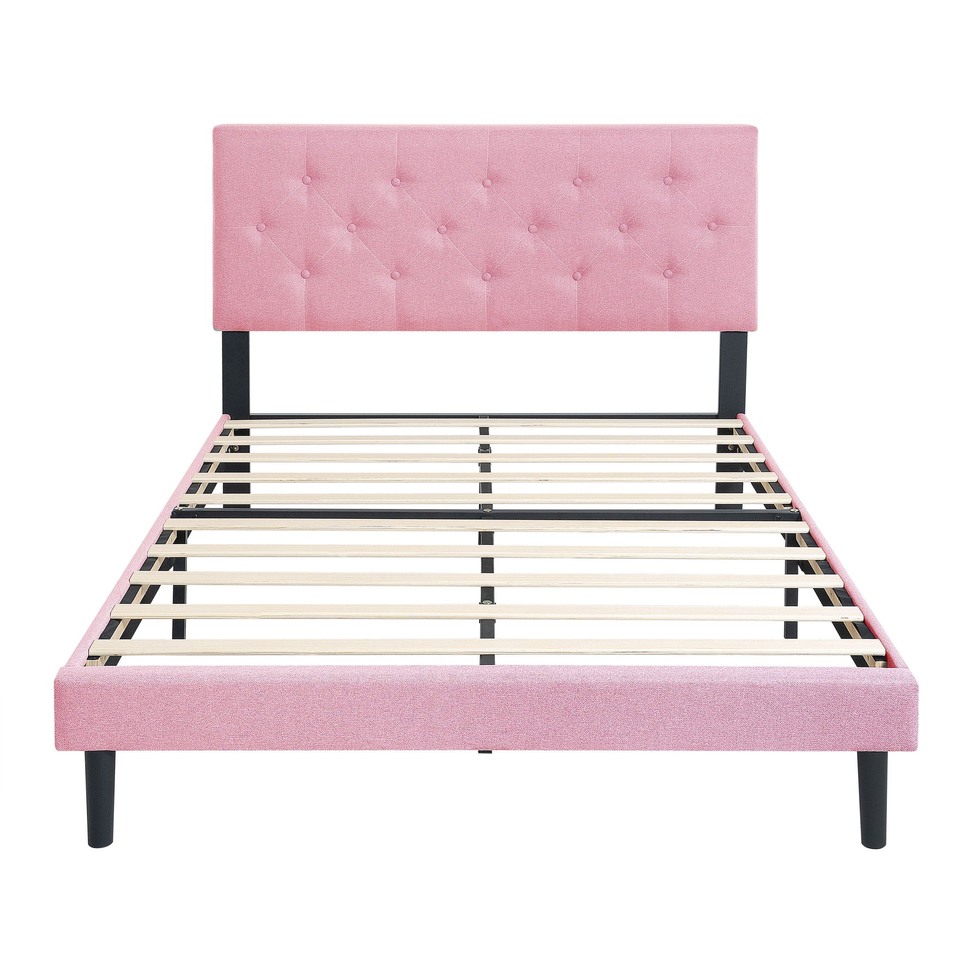 Modern Upholstered Platform Bed Frame With Button Tufted Linen Fabric Headboard