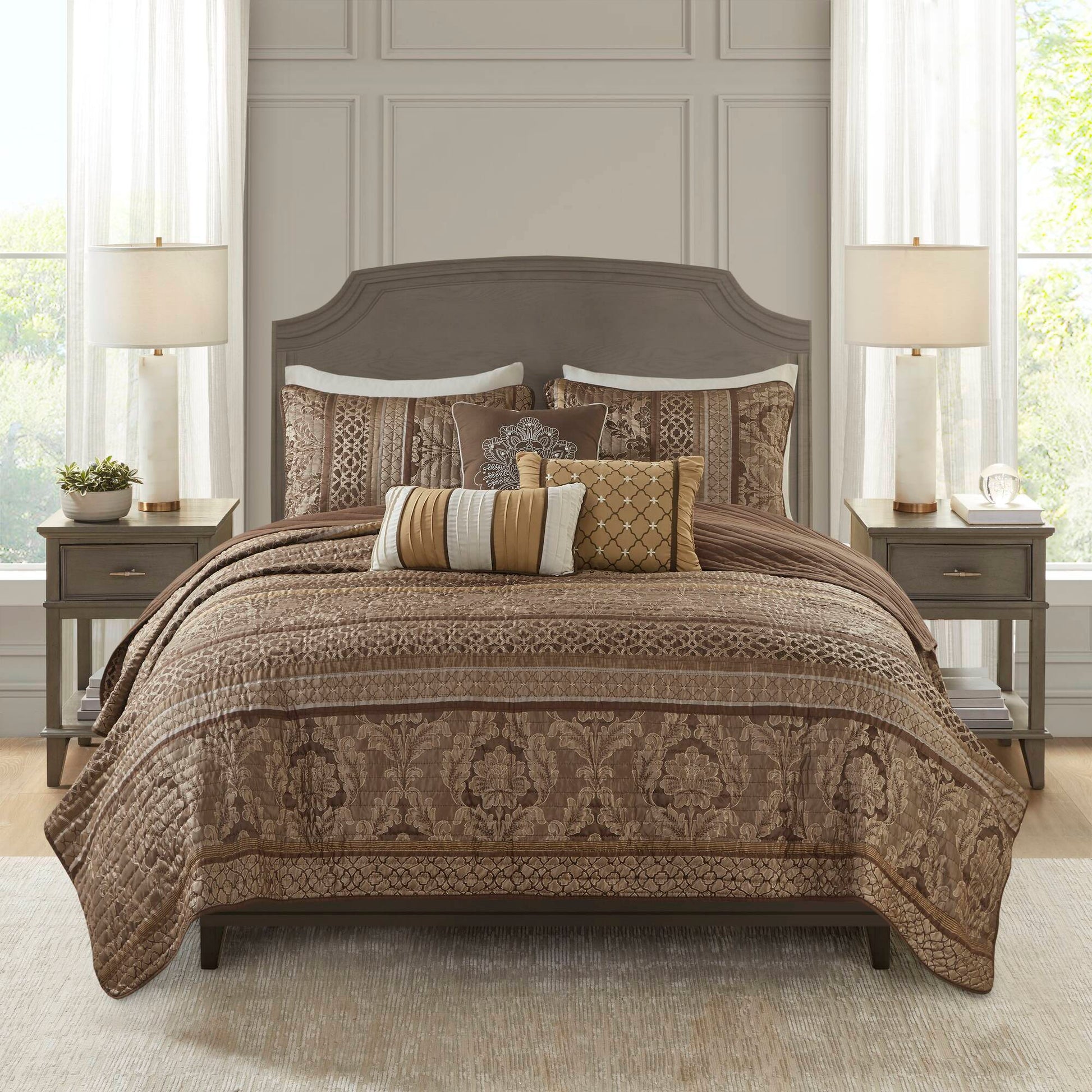 Bellagio - King 6 Piece Reversible Coverlet Set - Brown / Gold