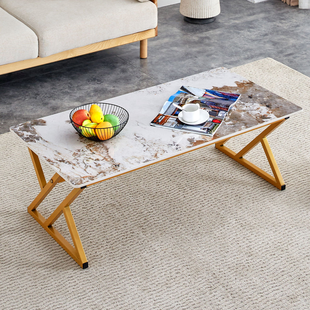 Coffee Table With A Natural And Smooth Marble Pattern On The Surface - Gold