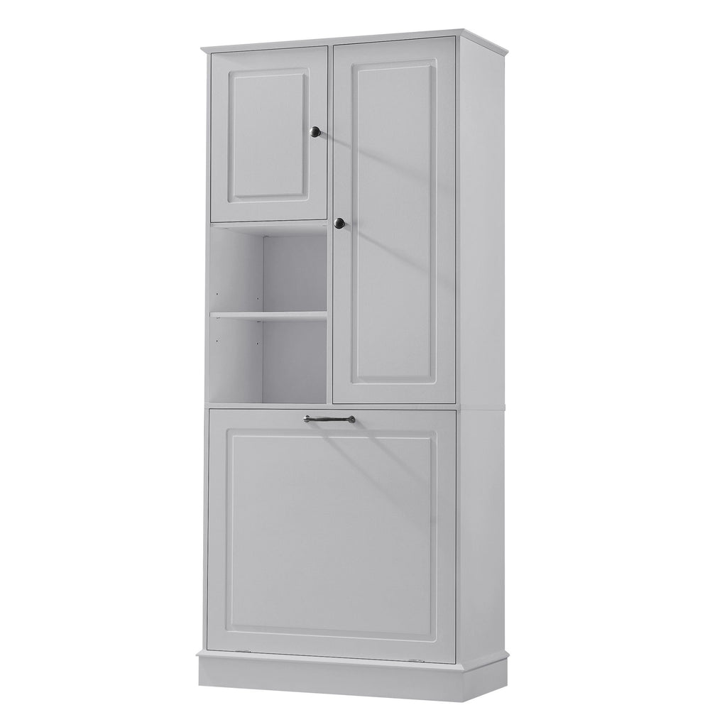 Modern Tall Storage Cabinet With Adjustable Shelves, Flip-Out Basket & Enclosed Doors