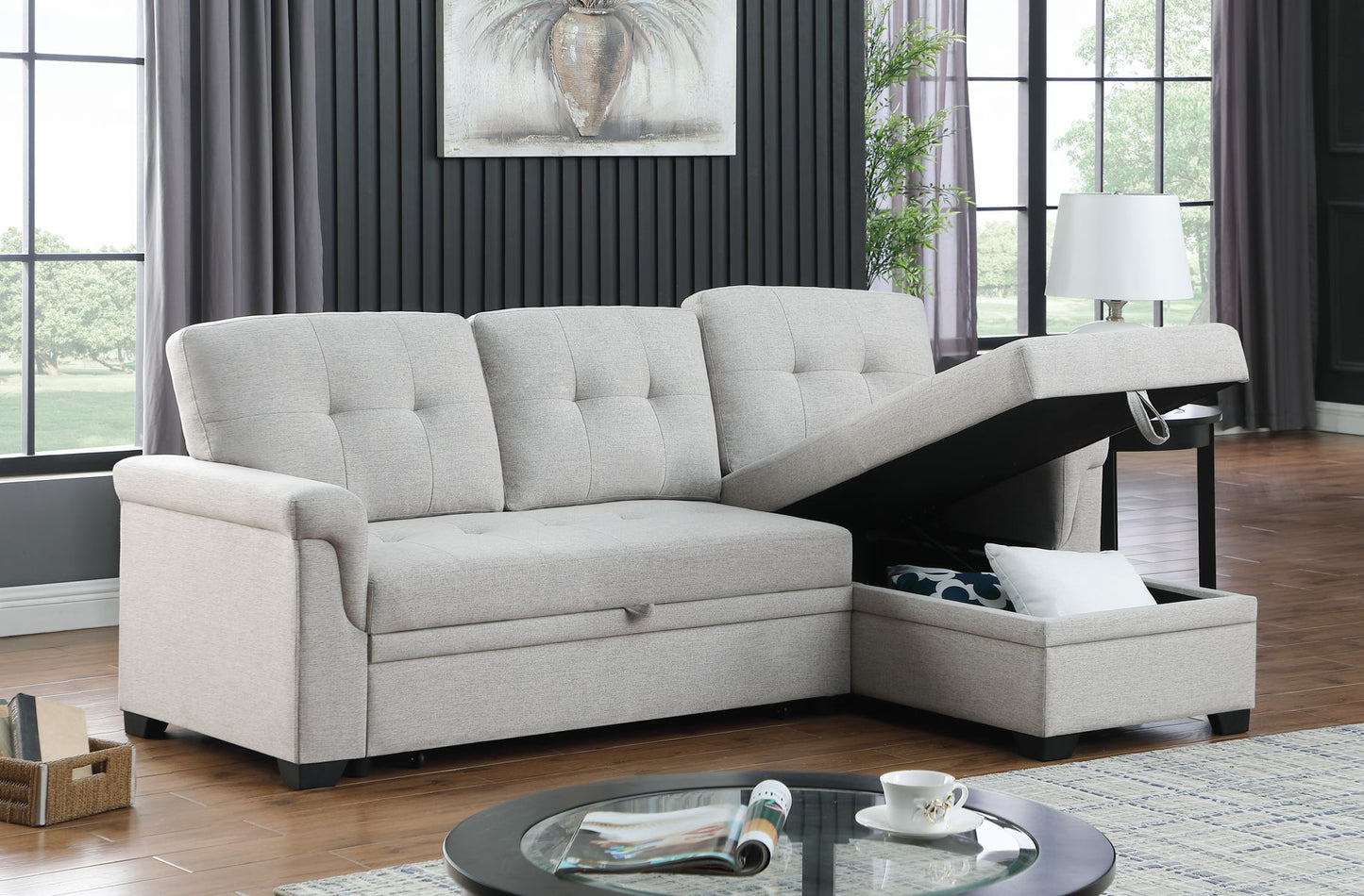 Lucca - Linen Reversible Sleeper Sectional Sofa With Storage Chaise