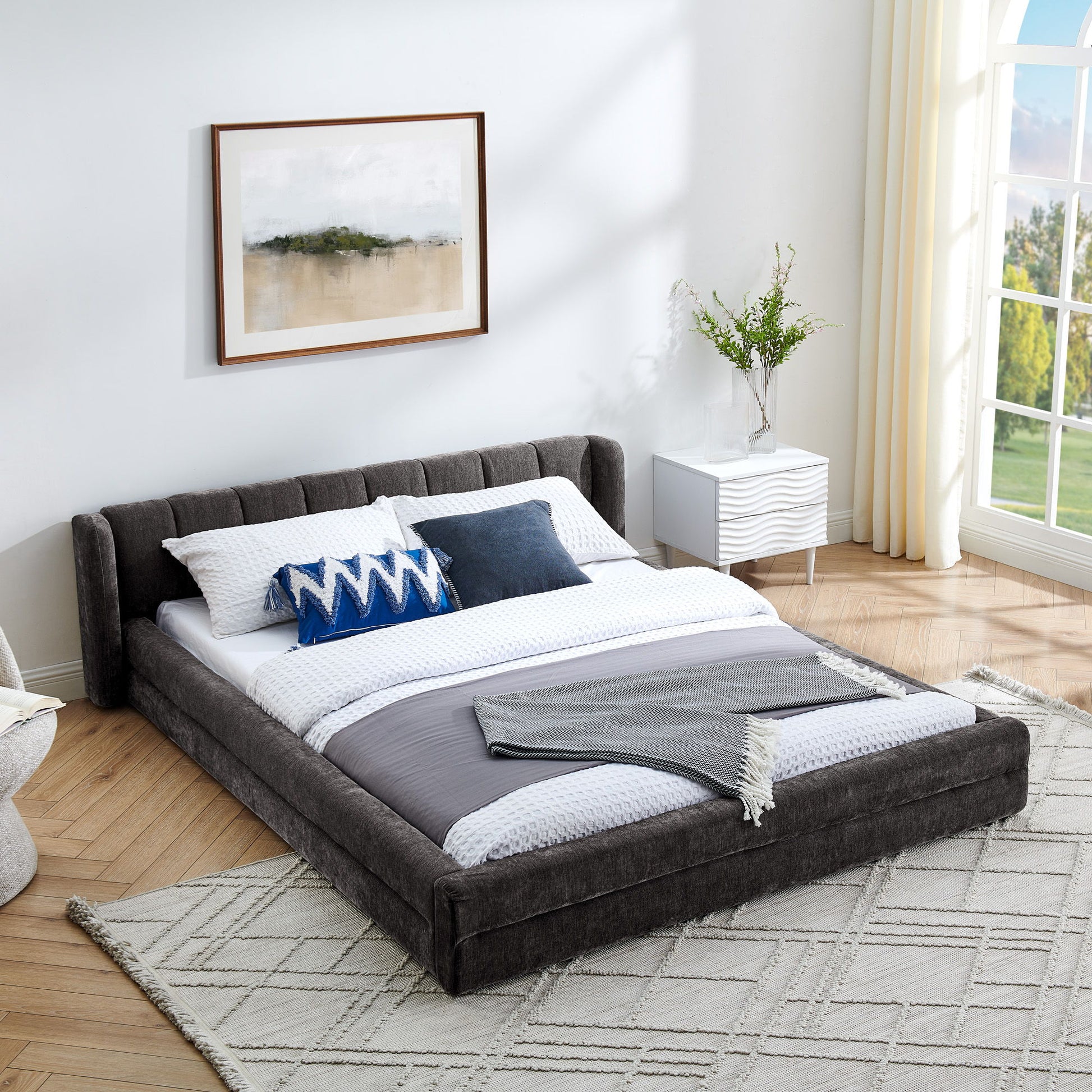 Modern Upholstered Bed Frame With Thick Chenille Fabric And Headboard