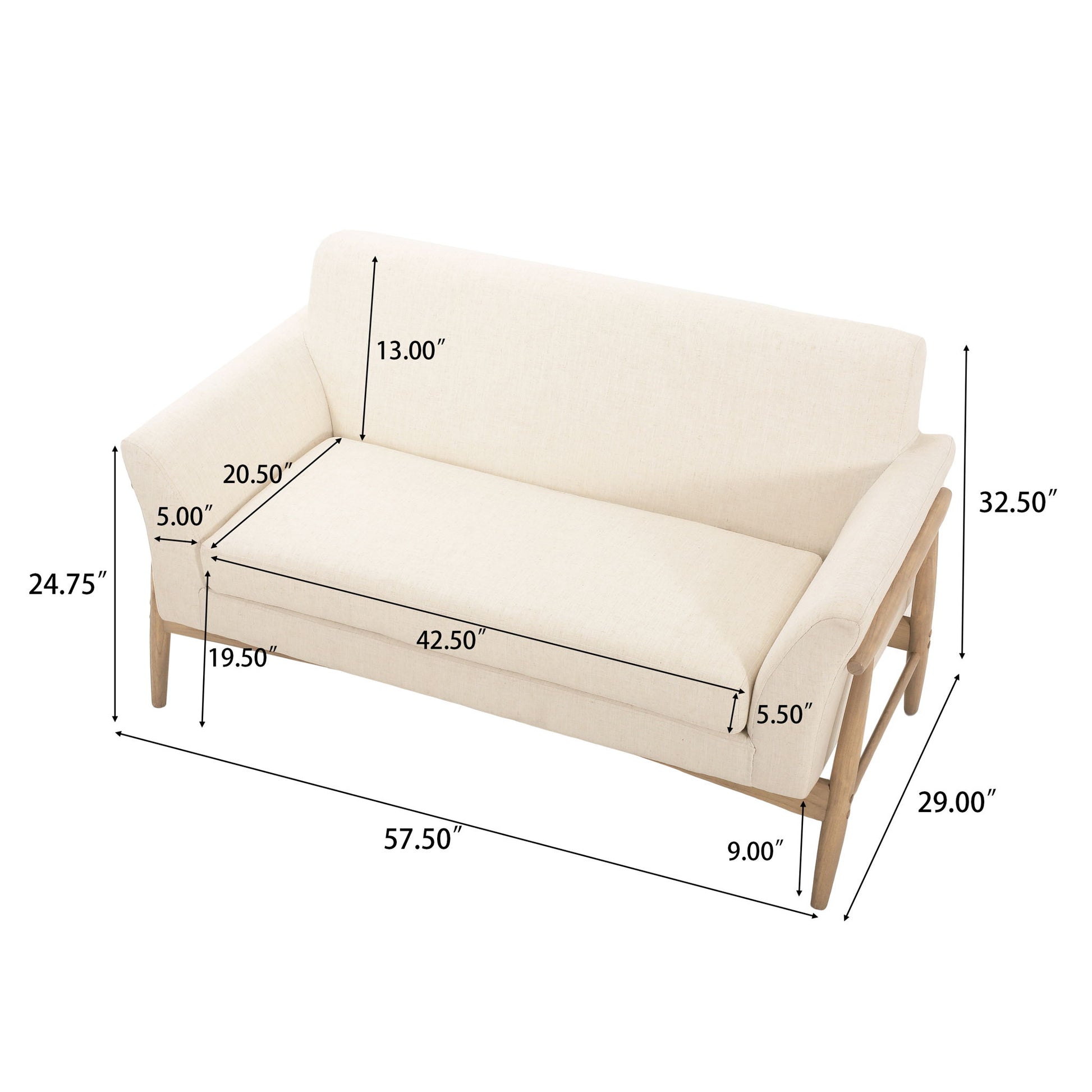 Modern Fabric Upholstered Loveseat With Elm Wood Legs And Flare Arms - Beige