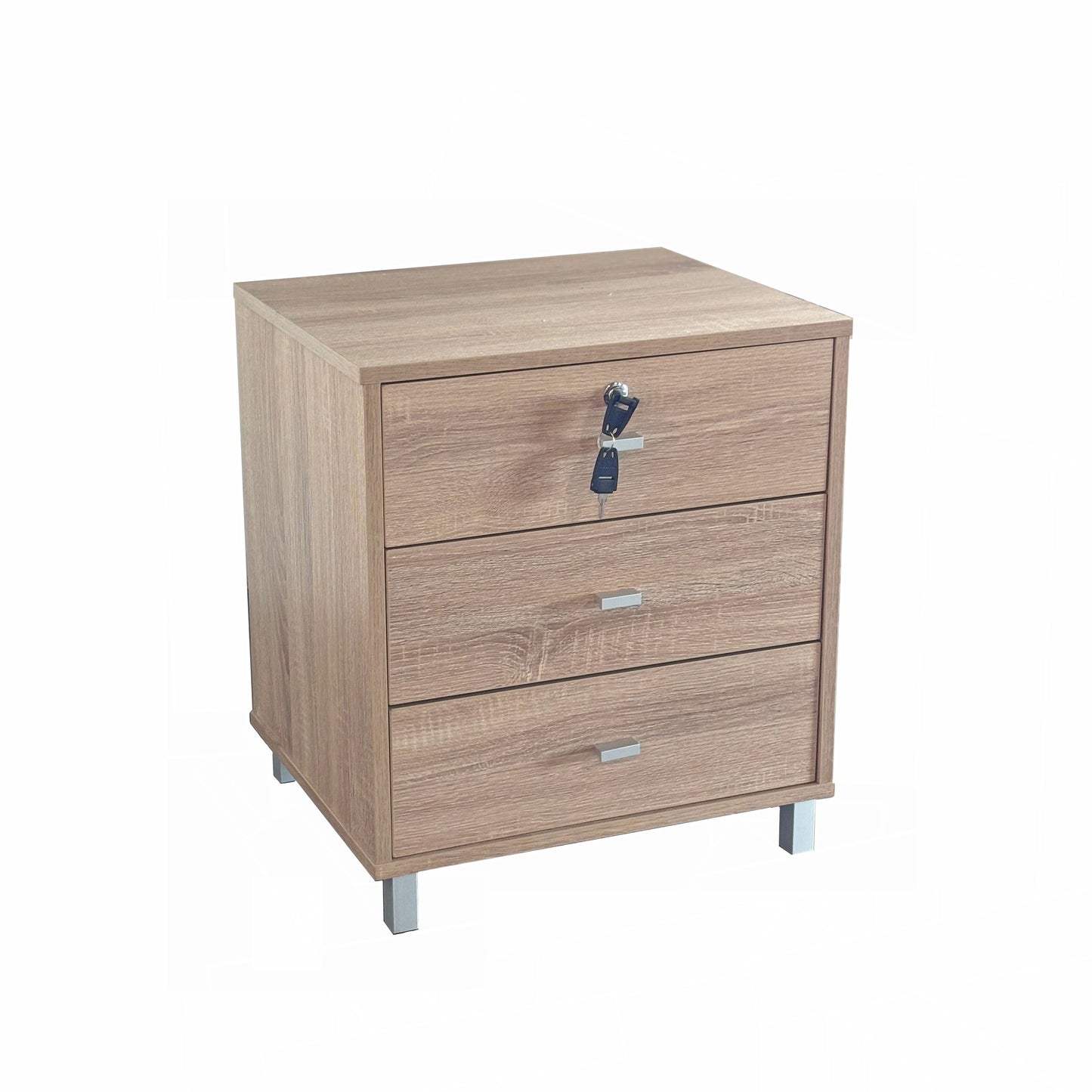 Three Drawer Nightstand With Locking Top Drawer - Natural Wood