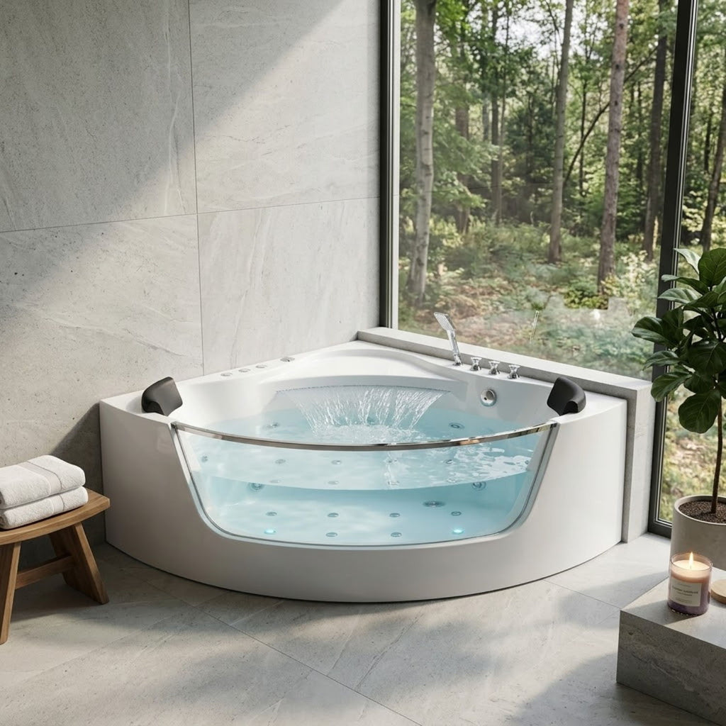 Revive - Massage Bathtub With 1.5 Hp Whirlpool Massage, Hidden Waterfall, LED Bubble Jets And Glass Accent - White