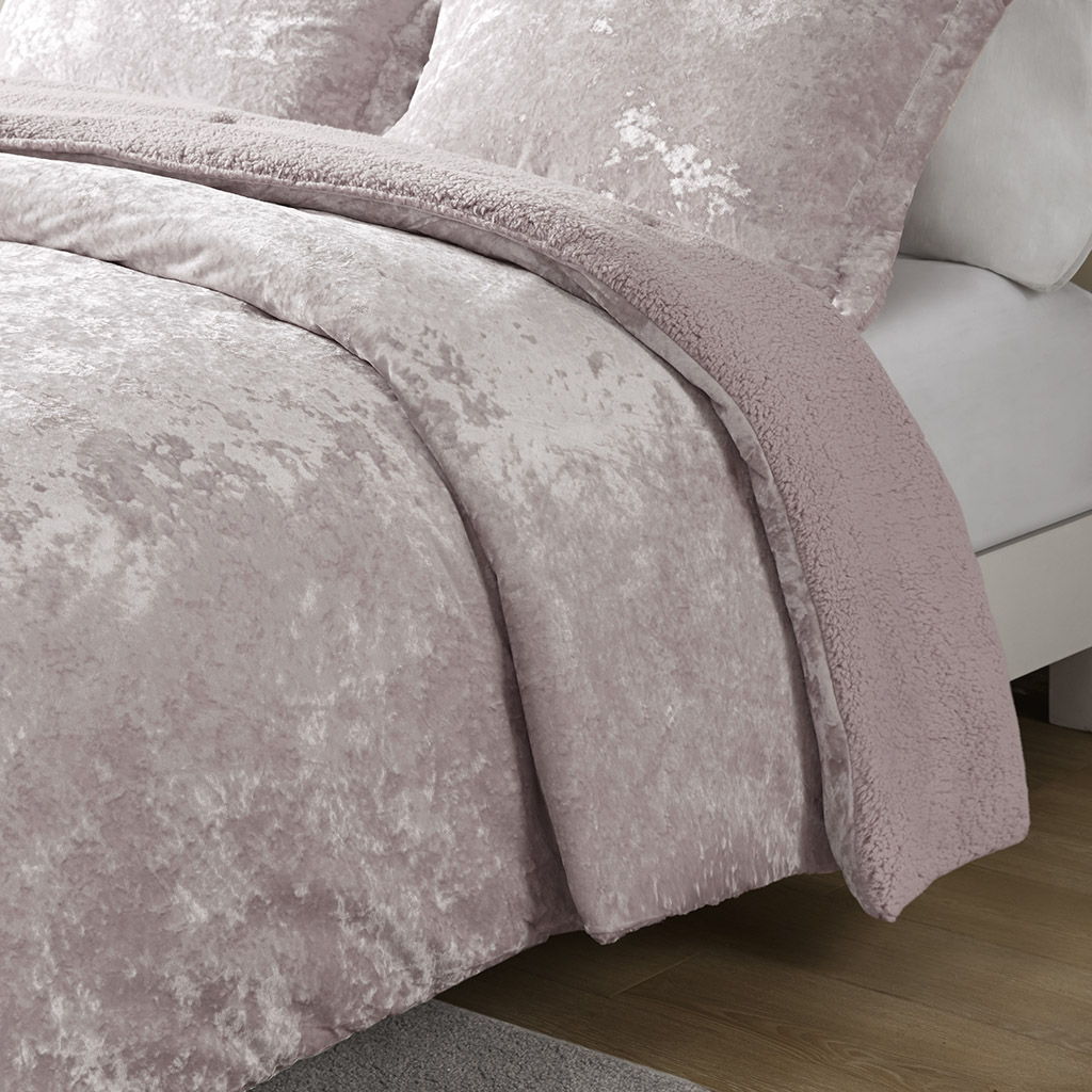 Mira - Crushed Velvet Sherpa Reversible King Comforter Set - Lavender