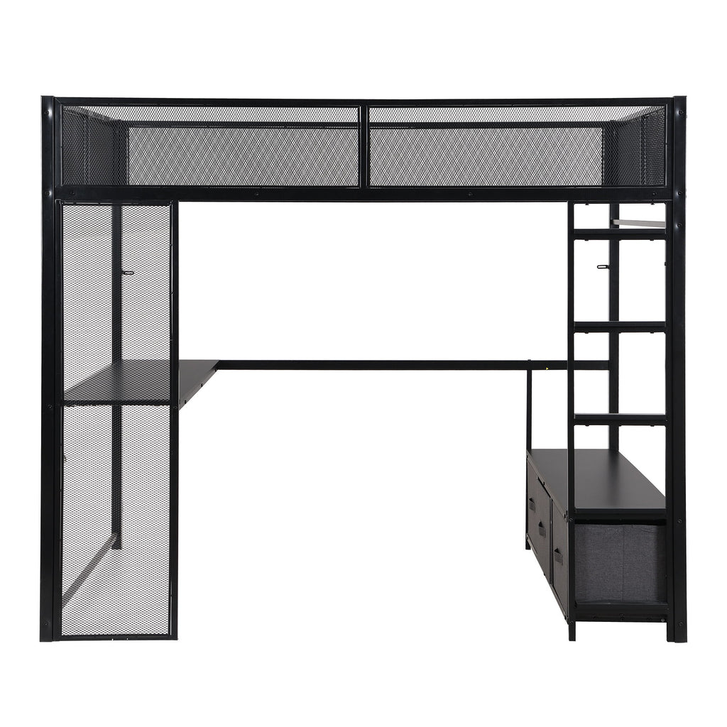 Full Size Gaming Loft Bed With LED Desk, Open Wardrobe, 3 Linen Storage Drawers - Black