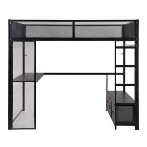 Full Size Gaming Loft Bed With LED Desk, Open Wardrobe, 3 Linen Storage Drawers - Black