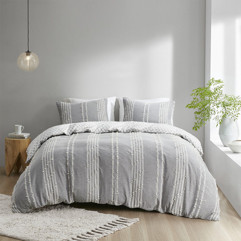 Kara - 3 Piece Jacquard Duvet Cover Set - Gray