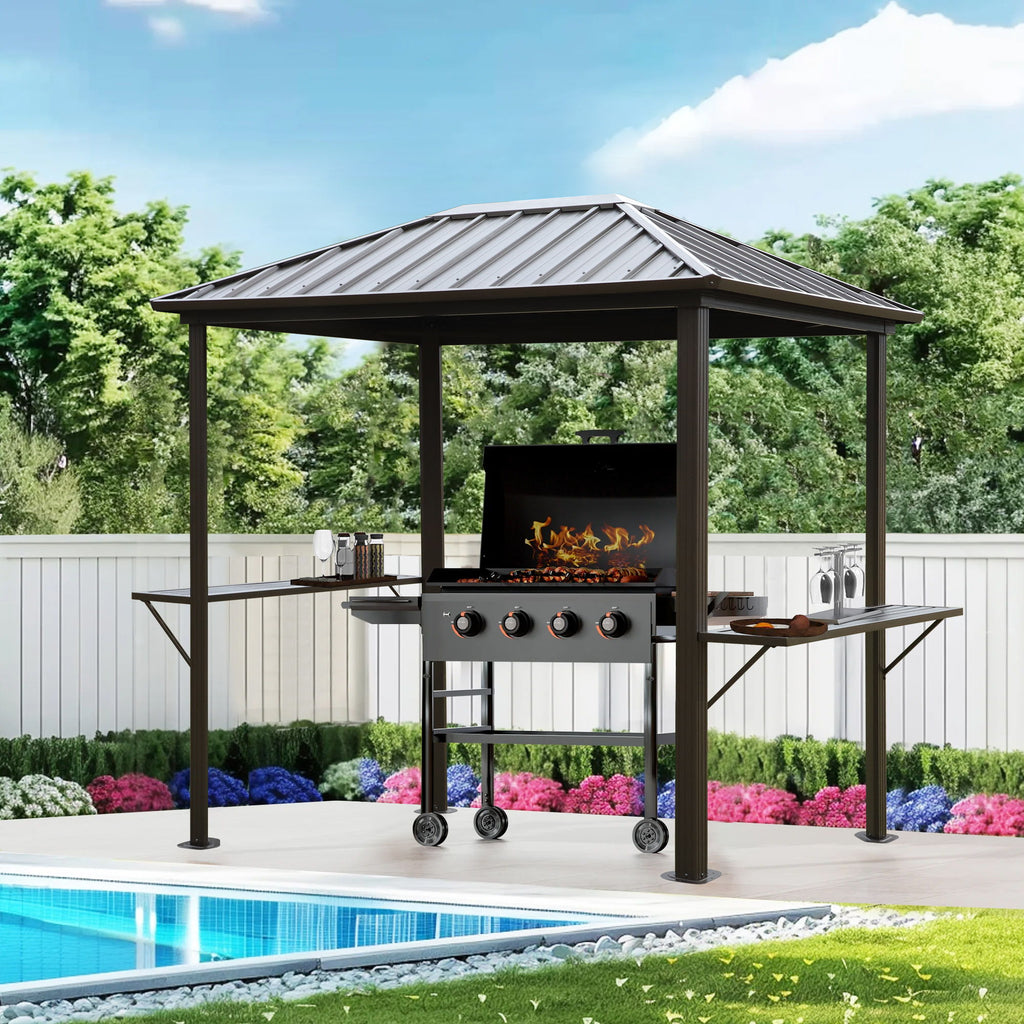 Grill Hardtop Gazebo Outdoor Metal Hard Top Gazebo, Permanent Bbq Gazebo With Galvanized Steel, Aluminum Framed Pavilion With Shelves - Dark Brown