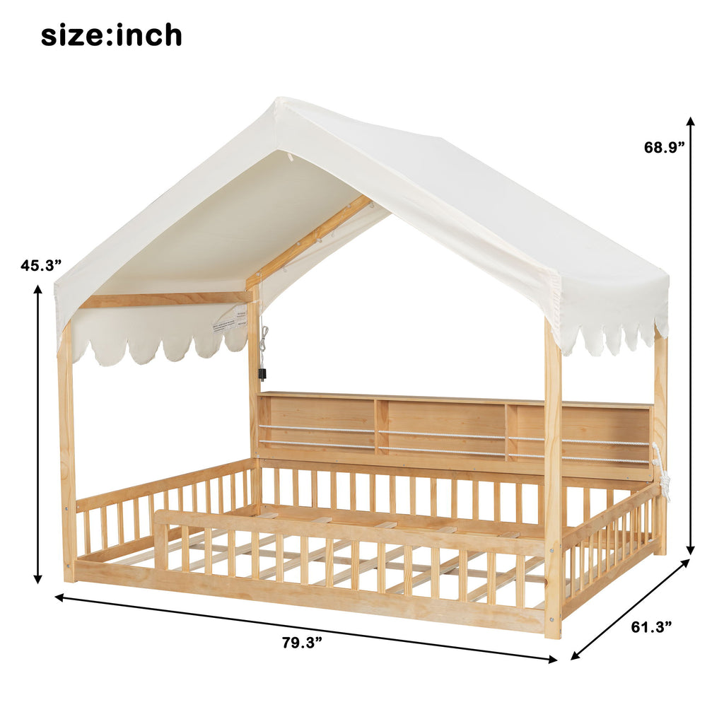 House Shaped Floor Bed With Fense, 3 Storage Bookshelves, Curtain And LED Light