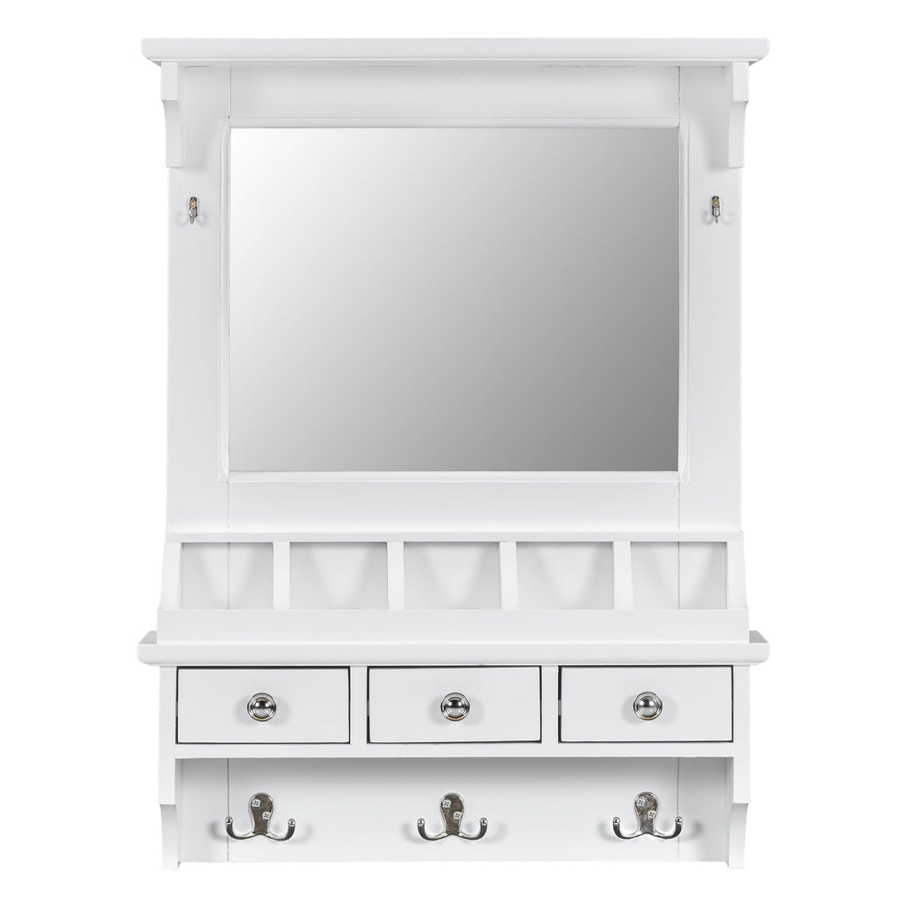 Floating Makeup Vanity With Big Mirror, Wall Mounted Storage Vanity With Drawers, Pockets & Hooks, Space Saving Decorative Home Organizer - White