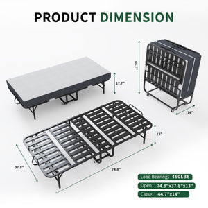 Twin Extra Long Folding Bed For Tall People, Heavy-Duty Rollaway Guest With Memory Foam Mattress - Black