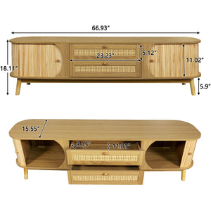 Rattan TV Stand For Tvs Up To 75'', Modern Farmhouse Media Console, Entertainment Center With Legs, TV Cabinet For Living Room, Home Theatre - Natural Wood