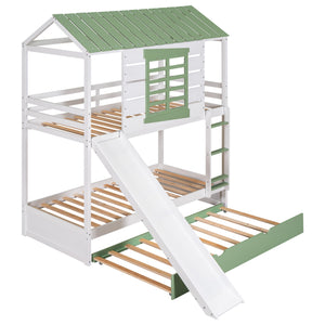 Twin Over Twin House Bunk Bed With Convertible Slide And Trundle - White