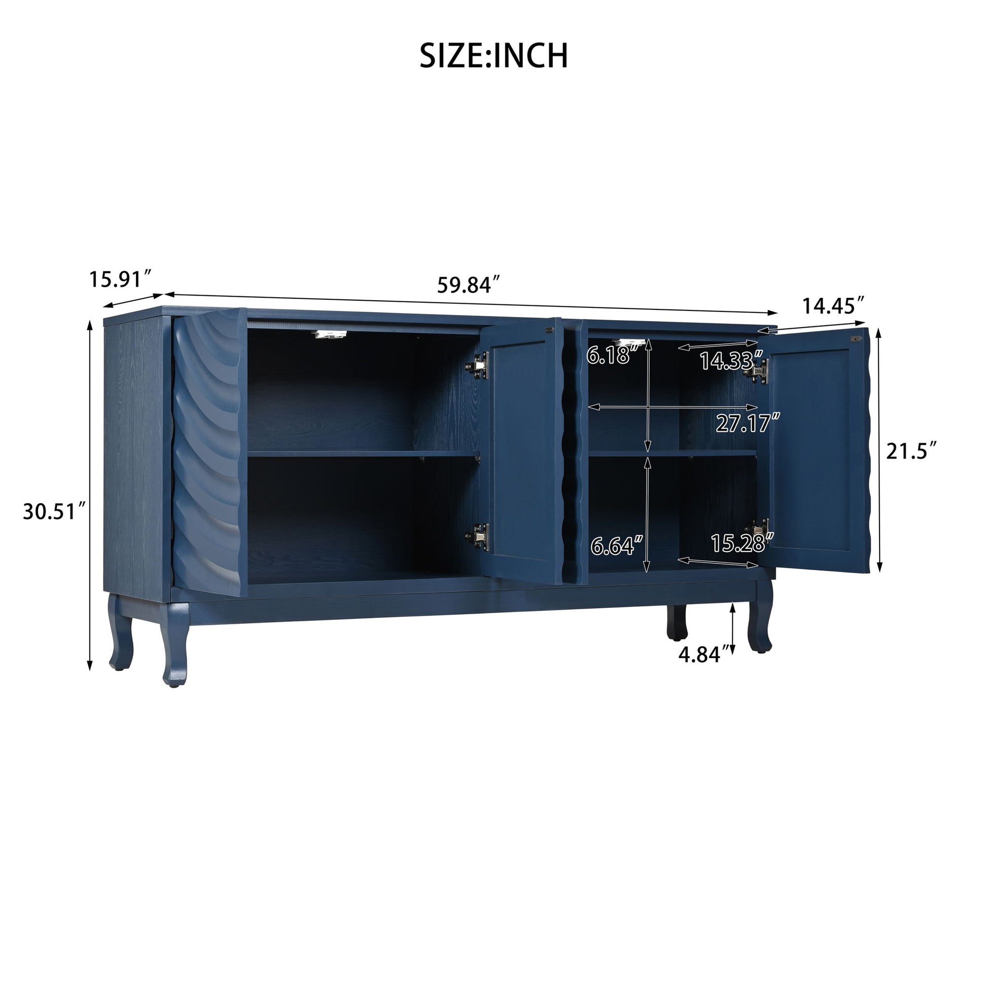 Elegant Sideboard With Sophisticated Wavy Pattern Doors And Arched Groove Design, Adjustable 4 Door Layout