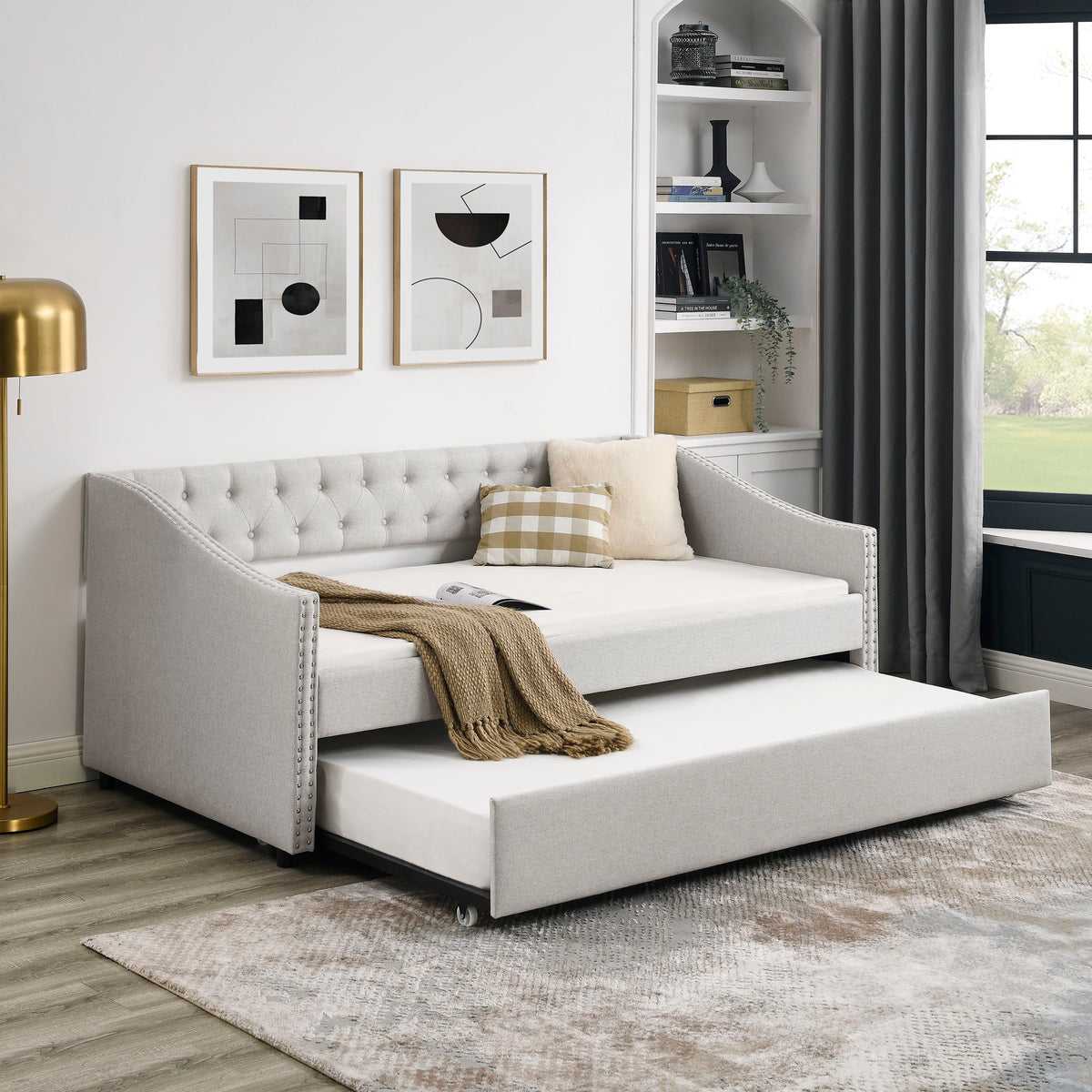 Upholstered Tufted Daybed With Drawers, Waved Arms
