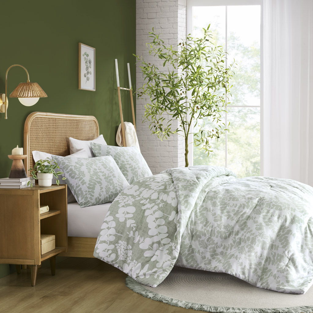 Aria - Twin/Twin Long Floral Print Revesible Comforter Set - Sage