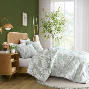 Aria - Full/Queen Floral Print Revesible Comforter Set - Sage
