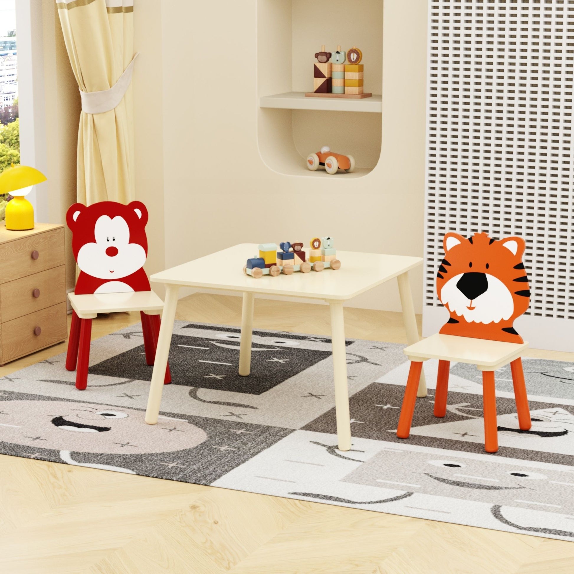 Table And 2 Chairs Set, Activity Play Table Set With Bear & Tiger Design - Natural