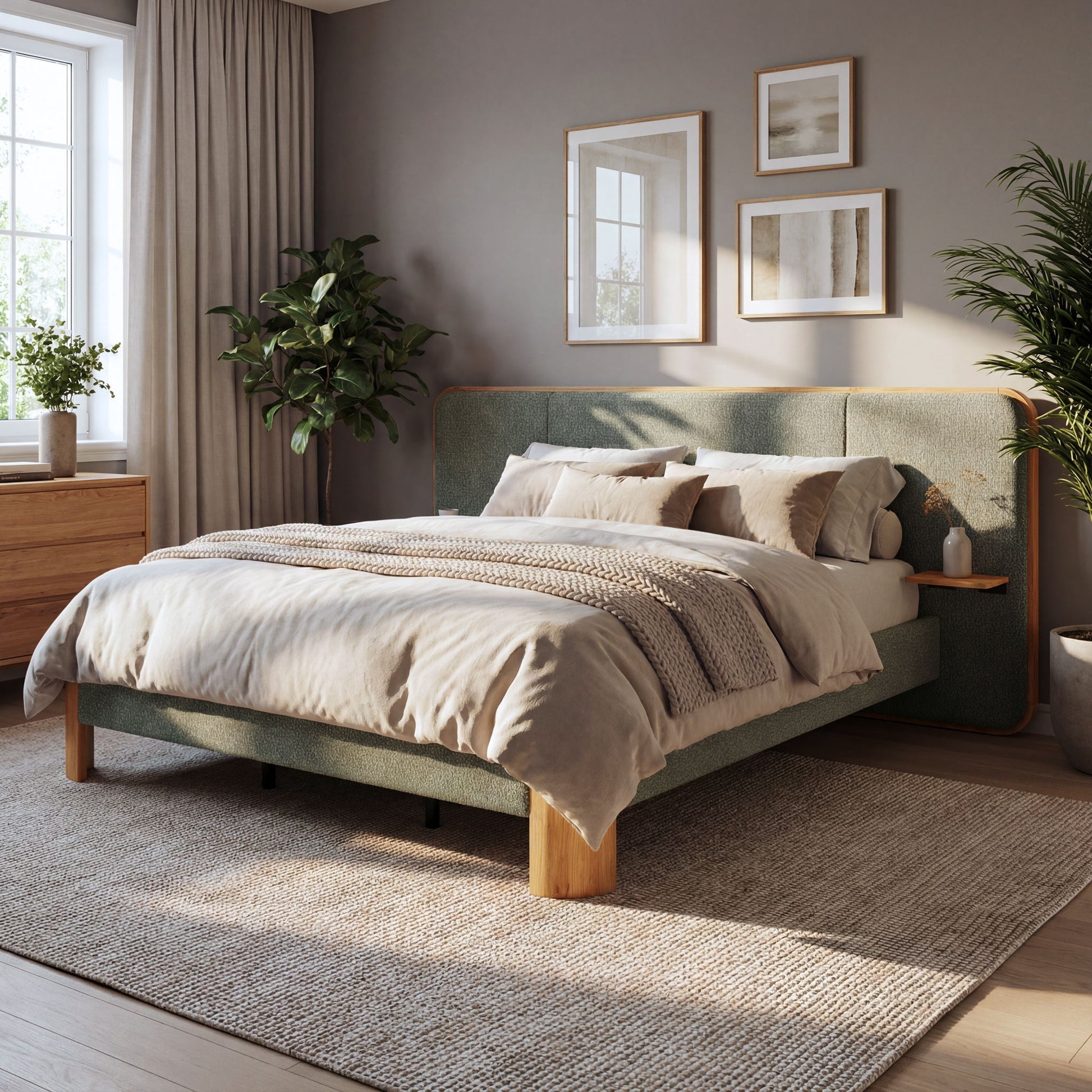 Upholstered Platform Bed Frame With Curved Headboard, Built-In Floating Shelves