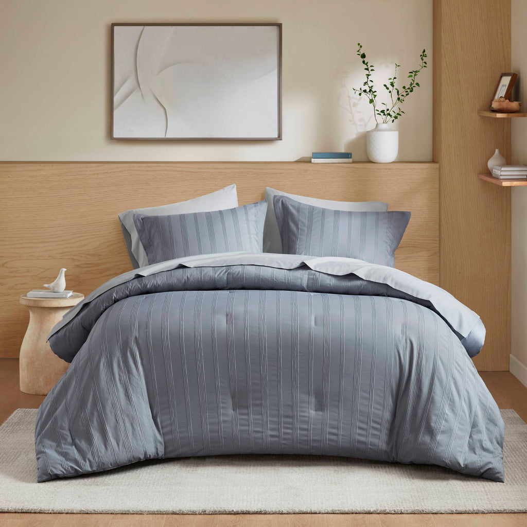 Logan - Queen Striped Comforter Set - Blue / Gray