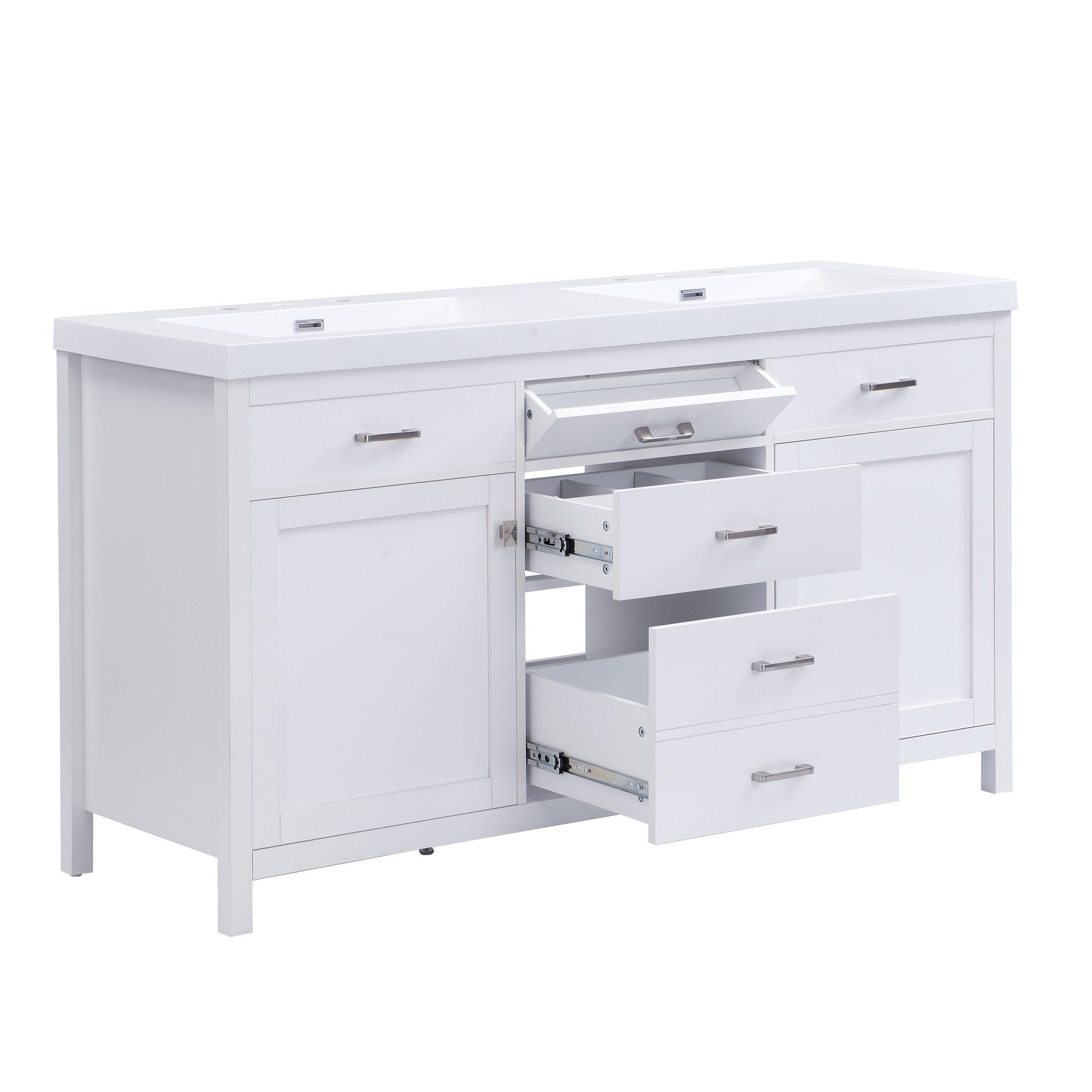 Double Sink Bathroom Vanity With Top, Soft Closing Doors & Drawers, Tip Out Drawer, 2 Cabinet Doors, Adjustable Shelf - White