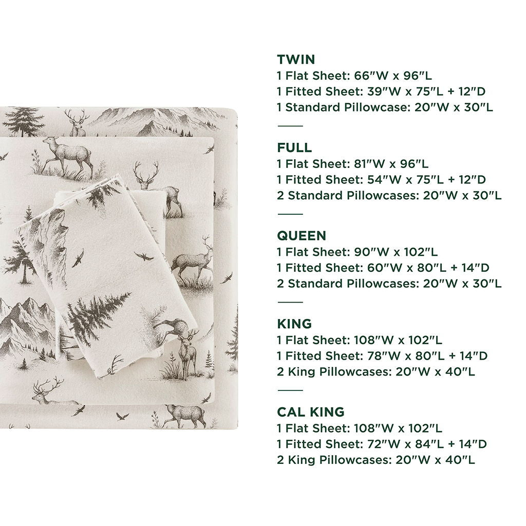 Flannel - 4 Piece Full Sheet Set - Gray Deer Toile