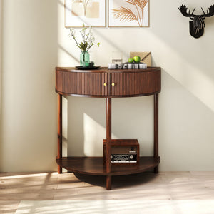 Artisan Crafted Wave Pattern Demi Lune Console Table With Brown Woodgrain, Unique Half Moon Design End Table With 2 Storage Drawers And Bottom Shelf For Living Room, Bedroom, Study, Hallway - Brown