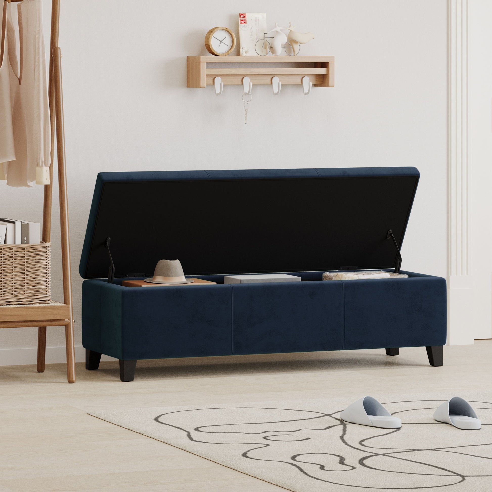 Velvet Storage Bench, Upholstered End Of Bed, Storage Ottoman Benches, Fabric Ottoman Bench With Large Storage Space For Living Room Entryway Bedroom - Dark Blue