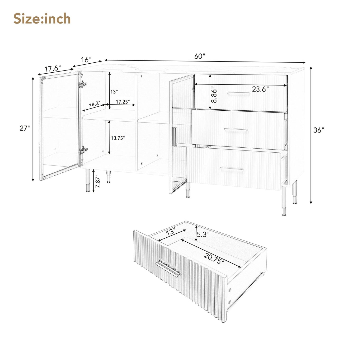 Modern Sideboard Buffet Cabinet Marble Sticker Tabletop And Amber-Yellow Tempered Glass Doors With Gold Metal Legs & Handles