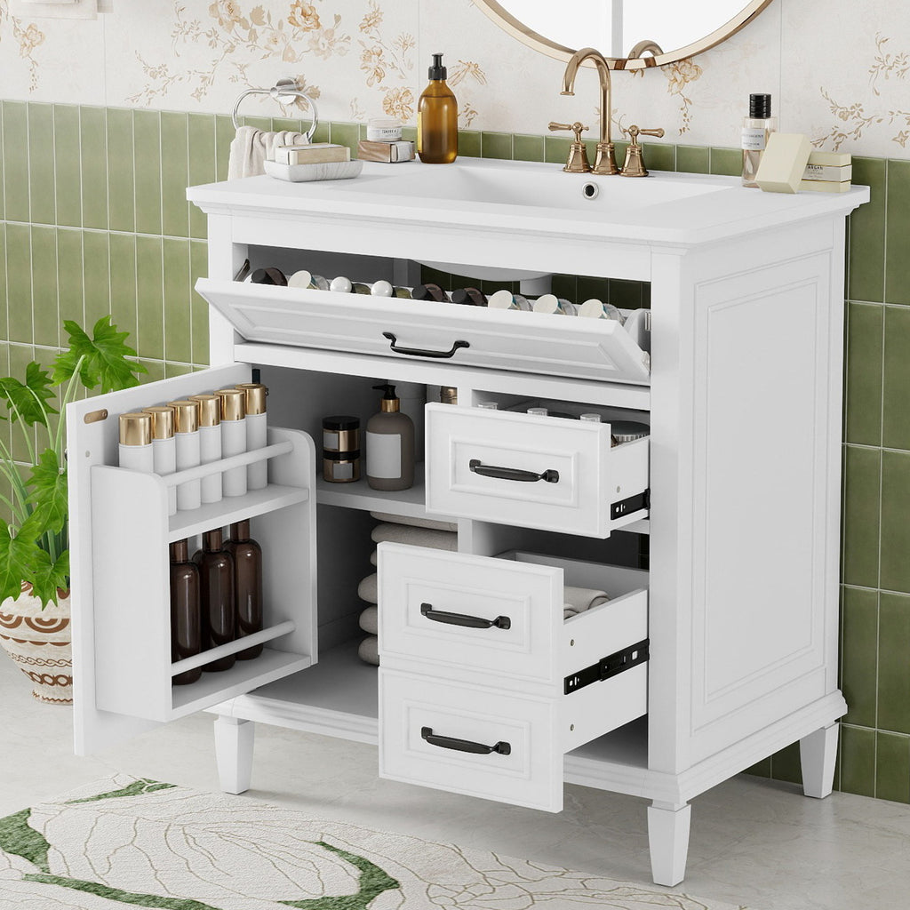 Bathroom Vanity With Sink Top, Flip Drawers, Adjustable Shelf