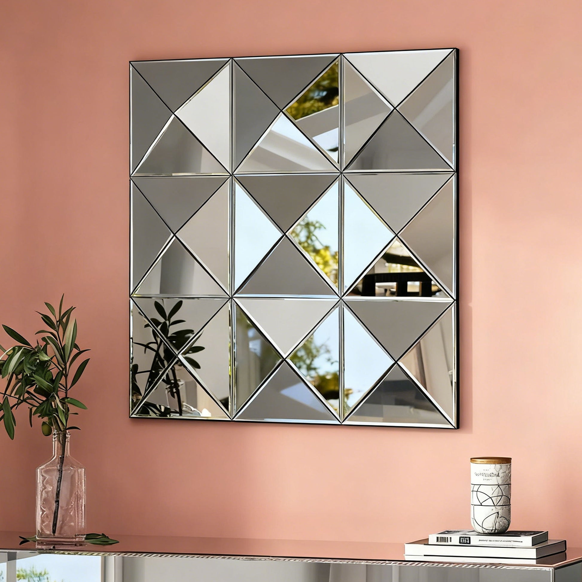 3D Beveled Wall Mirror With Frame, Large Square Design For Living Room - Silver