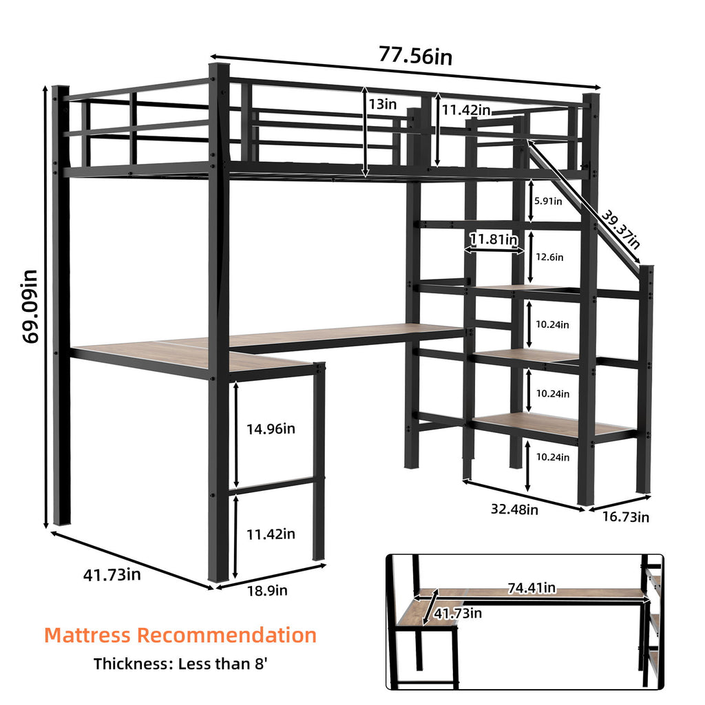 Loft Bed With L-Shaped Desk, Large Storage Space