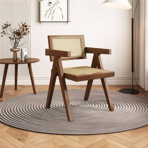 Modern Mid Century Dining Chairs (Set of 2), Rattan Accent Chairs, Comfy Armchairs, Outdoor Wood Chairs With Armrest - Walnut