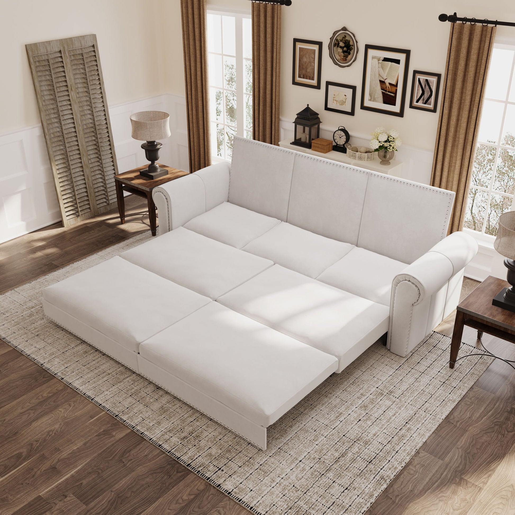 Pull Out Sofa Bed 3 In 1 Convertible Sleeper Sofa With Nailhead Trim & Rolled Arm, Multi Functional
